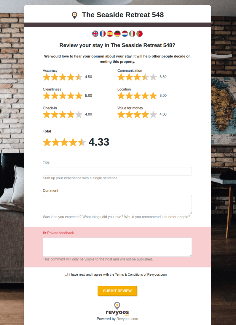 With Revyoos, you can share a request form with your guests and collect direct guest reviews that you can display using our widgets.